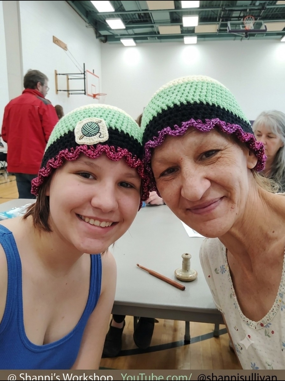 Handmade Mint & Black Crochet Beanie with Purple Trim